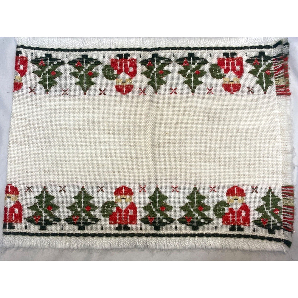 Vtg Woven German Style Table Runner Xmas Trees Santa Fringes 15x19.5"
